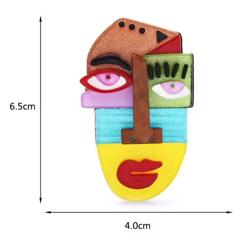 Colorful Abstract Face Brooch - Multicolor Acrylic Statement